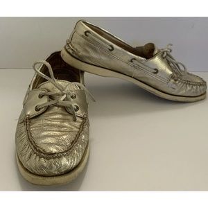 Sperry Topsider Gold boat leather shoes Size 10 pre-loved condition SEE PHOTOS